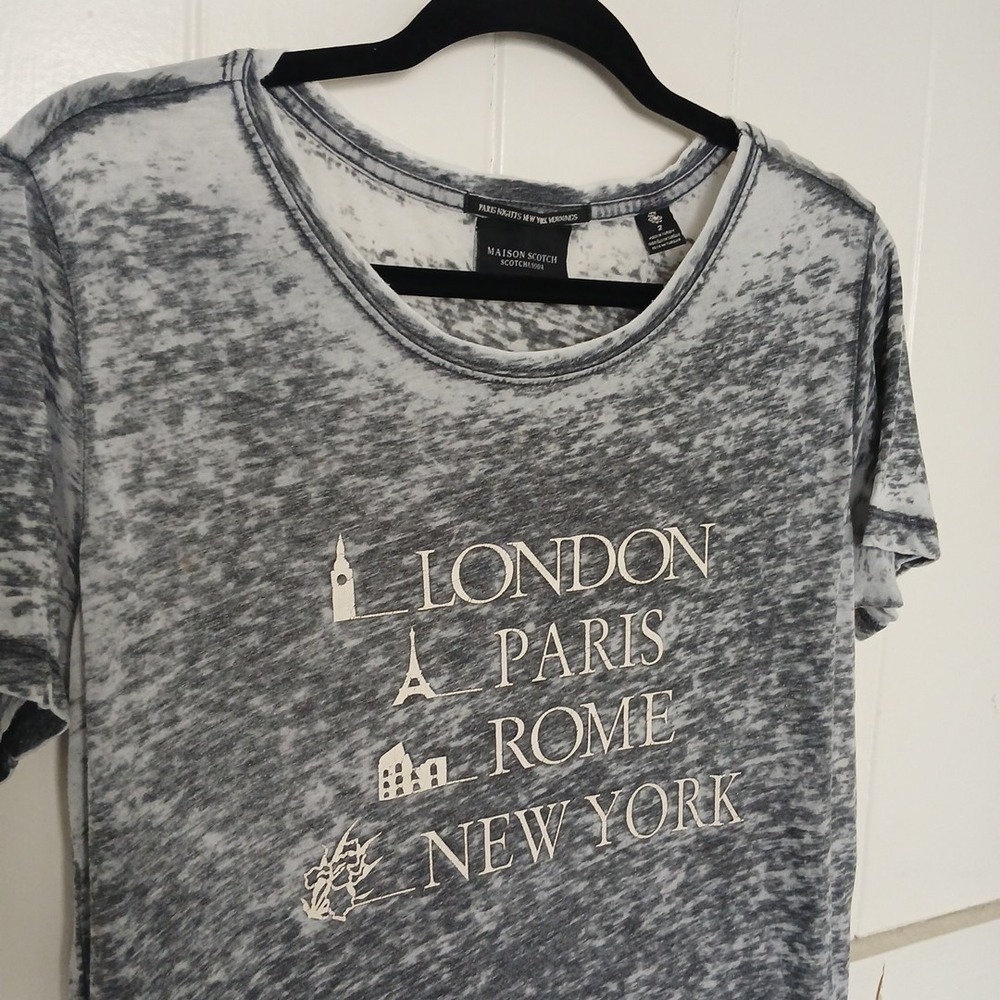 Maison Scotch Graphic Tee Womens 2 Grey Burnout Travel Cities London Paris Rome